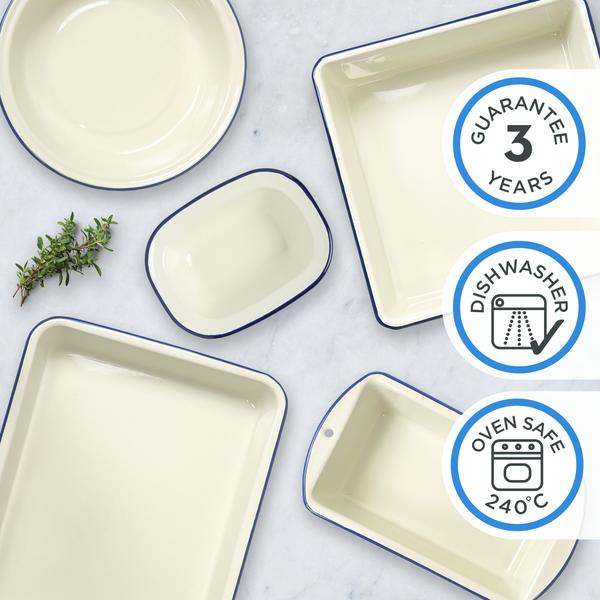 Enamel Oblong Pie Dish 200ml Blue Rim
